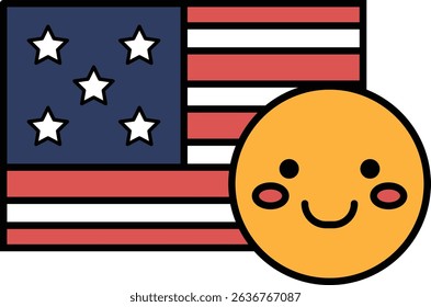 A cartoon of a smiling face with a red, white, and blue American flag behind it. The flag has stars and stripes
