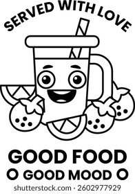 A cartoon of a smiling face with a straw in a cup of juice