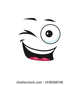 Cartoon smiling face, vector emoji with wink eye and smile mouth. Happy facial expression, flirting, positive feelings, cheerful funny character isolated on white background