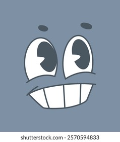 A cartoon smiling face with wide eyes and a big grin on a plain blue background. Creative vector illustration for humor, fun, and positivity concepts