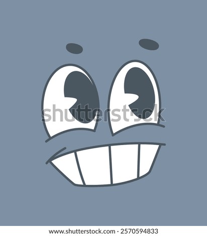 A cartoon smiling face with wide eyes and a big grin on a plain blue background. Creative vector illustration for humor, fun, and positivity concepts