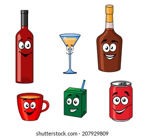Cartoon with smiling faces of assorted beverages or drinks logo including red wine bottle, martini glass, whiskey bottle, cup of tea, juice carton, soft drink can isolated on white background