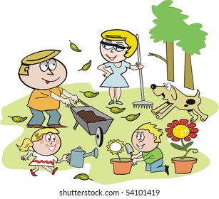 Cartoon of smiling family group working in garden.