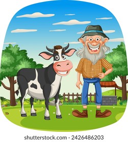 Cartoon of a smiling farmer standing with a cow.