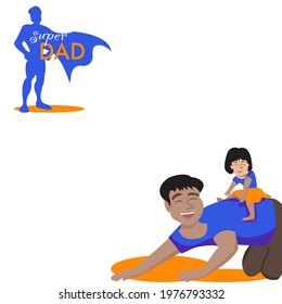 Cartoon smiling Father and his daughter child girl playing outdoors.Child girl riding on her father back and blue silhouette Superhero's costumes. Vector isolate flat design Concept of Father's day. 