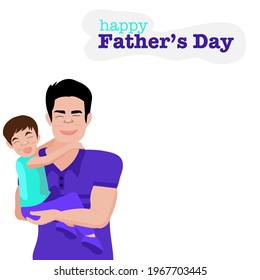 Cartoon smiling Father wearing blue shirt on take care your cute son by holding on both left and right hand.Daddy and son happy spending time together. Vector flat design concept for Father’s Day 