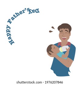 Cartoon smiling Father wearing blue shirt on take care your cute son by holding on both left and right hand.Daddy and son happy spending time together. Vector flat design concept for Father’s Day