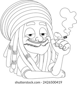 Cartoon of a smiling figure with a turban smoking.