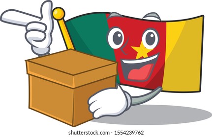 cartoon smiling flag cameroon with bring box on character