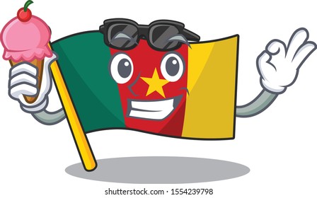 cartoon smiling flag cameroon with ice cream on character