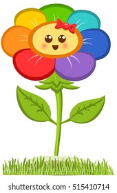 Cartoon Smiling Flower, Happy Daisy Isolated On White. Vector Illustration