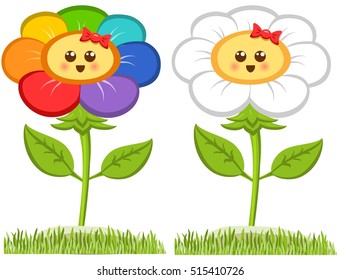 Cartoon Smiling Flower, Happy Daisy Isolated On White. Vector  Illustration