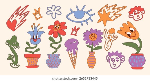 Cartoon smiling Flowers in Pots and Vases, Ice Cream, Crown, Eyes, Stars, Mushrooms, Faces, Shooting Heart. Isolated hand drawn flat colorful vector doodles on light background
