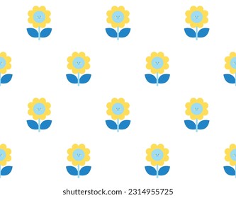 Cartoon smiling flowers seamless pattern. Funny character design. Vector illustration. 