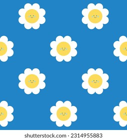 Cartoon smiling flowers seamless pattern. Funny character design. Vector illustration. 