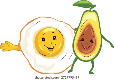 El huevo frito sonriente de la historieta y el aguacate son los mejores amigos. Vector