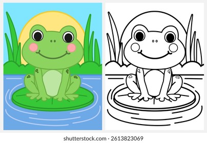 Cartoon smiling frog coloring page for kids, spring coloring page for kids