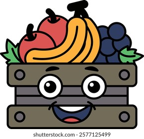 A cartoon of a smiling fruit basket with a variety of fruits including apples