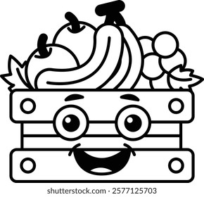 A cartoon of a smiling fruit basket with a variety of fruits including apples