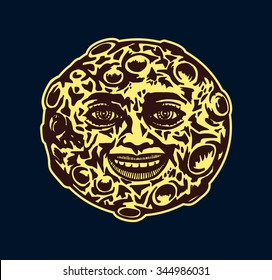 Cartoon smiling full moon face vector drawing illustration