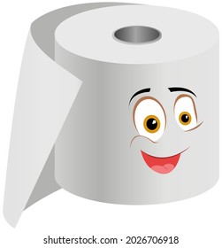 Cartoon smiling funny toilet paper flat vector. Special paper for wiping. Paper product is used for sanitary and hygienic purposes. Roll of white coiled paper. Bumf isolated on white background