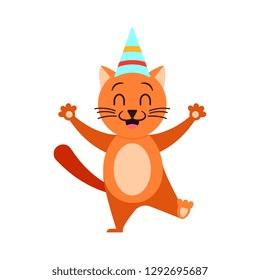 Cartoon smiling ginger cat in holiday cap