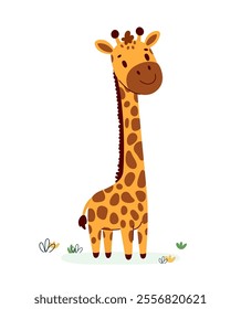 Cartoon smiling giraffe, hand drawn.