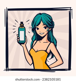 A cartoon smiling girl advertises a product. He holds a bottle of cream in his hand.