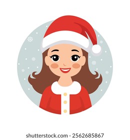 Cartoon Smiling Girl Character Wearing Santa Hat on the Occasion of Merry Christmas.