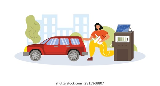 Cartoon smiling girl charges her car through outlet. Ecological power generation. Environment conservation resource. Usage of green energy. Vector flat style illustration