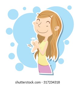 Cartoon Smiling Girl Clapping Hands.