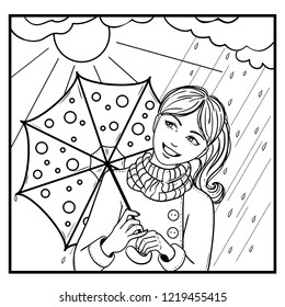 Cartoon smiling girl with umbrella on the background with changeable weather, vector image, outline, eps10