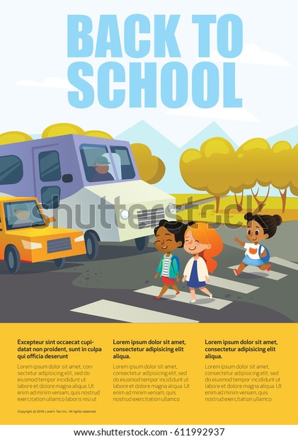 Cartoon smiling girls crossing road along\
crosswalk in front of stopped bus and car. Traffic safety education\
for primary schools concept. Educational banner with place for\
text. Vector\
illustration.
