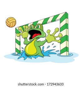 Cartoon smiling goalkeeper frog catches a ball in a gate.