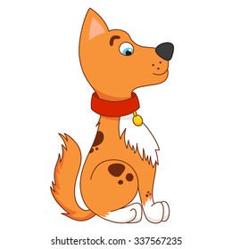 Cartoon smiling golden puppy, vector illustration of cute funny modest dog sits in profile, side view