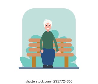 Cartoon smiling grandmother sitting on bench. Old people spending time outdoor in park. Senior people having healthy and active lifestyle. Recreation time. Happy old age. Vector