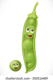 Cartoon smiling green peas in a pod and a pea alone isolated on white background