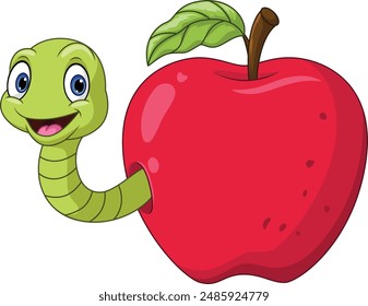 Cartoon smiling a green worm on a red apple