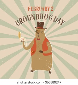 Cartoon smiling groundhog with clock wearing hat. Retro background with grungy texture. Vintage Groundhog Day poster with title for your design.