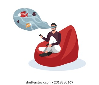 Cartoon smiling guy looks at ocean and fish through virtual reality goggles. People using VR technologies. Group of people wearing VR headsets and experiencing virtual reality simulation. Vector
