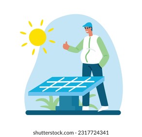 Cartoon smiling guy uses solar panels and points his thumb up. Getting electricity from natural resources. Eco friendly urban infrastructure. Alternative clean energy and healthy lifestyle. Vector