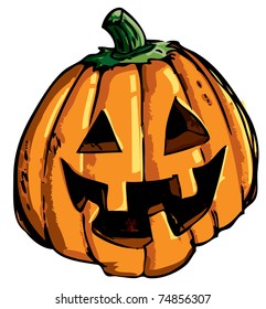 Cartoon of smiling halloween carved pumpkin isolated on white