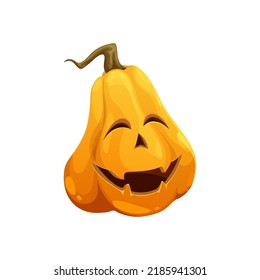 Caricatura sonriente personaje de calabaza de Halloween o jack o linterna, icono de la festividad de horror vectorial. Calabaza de la fiesta de Halloween riendo con sonrisa espeluznante tallando en cara espeluznante