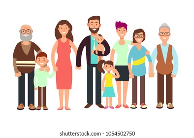 Cartoon smiling happy family. Grandpa and grandma, dady, mom and children vector illustration. Family father and mother, child girl boy