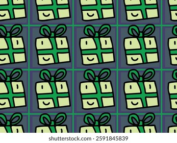 Cartoon smiling,  happy gift, present box. Green. Friendly, cute and nice. Birthday, party, celebration. Seamless vector pattern for design and decoration. 