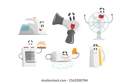 Cartoon Smiling Household Appliances Doing Something Vector Set
