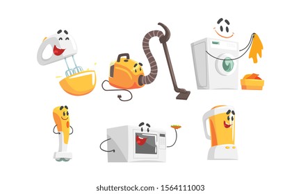Cartoon Smiling Household Appliances Doing Something Vector Set