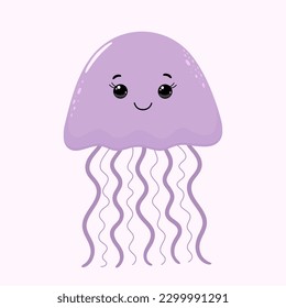 Cartoon smiling jellyfish. Cute character of underwater world. Isolated element on white background.