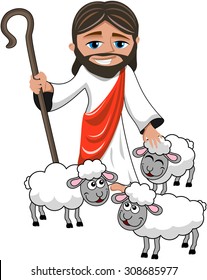 Cartoon smiling Jesus holding stick stroking sheep isolated 