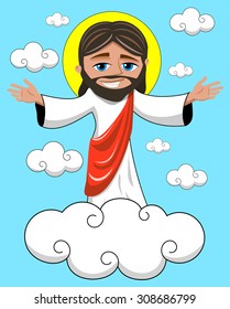 Cartoon smiling Jesus opens his hands in heavenly kingdom